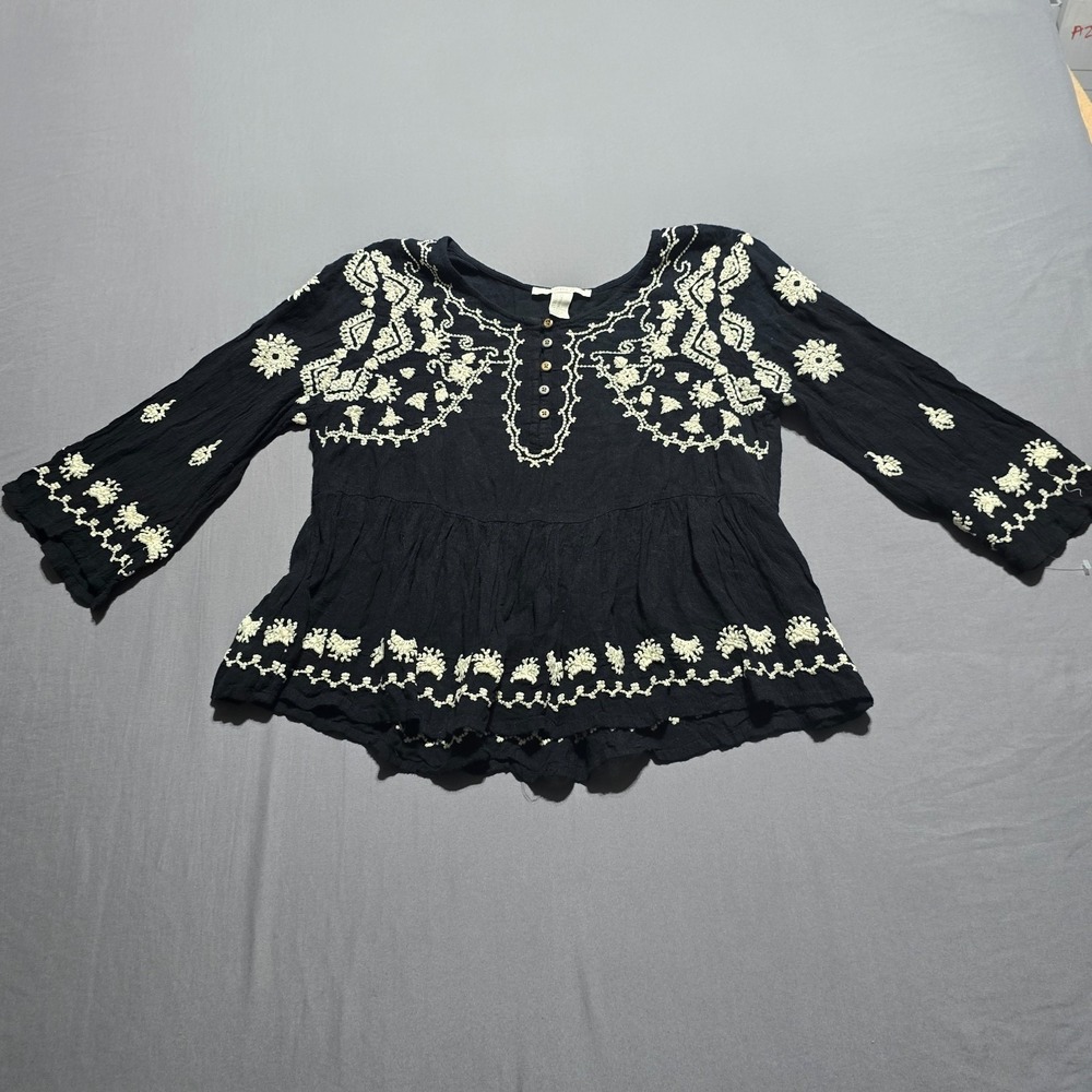 Embroidered Peplum Blouse Womens Medium Black Boho Henley Festival Hippie
